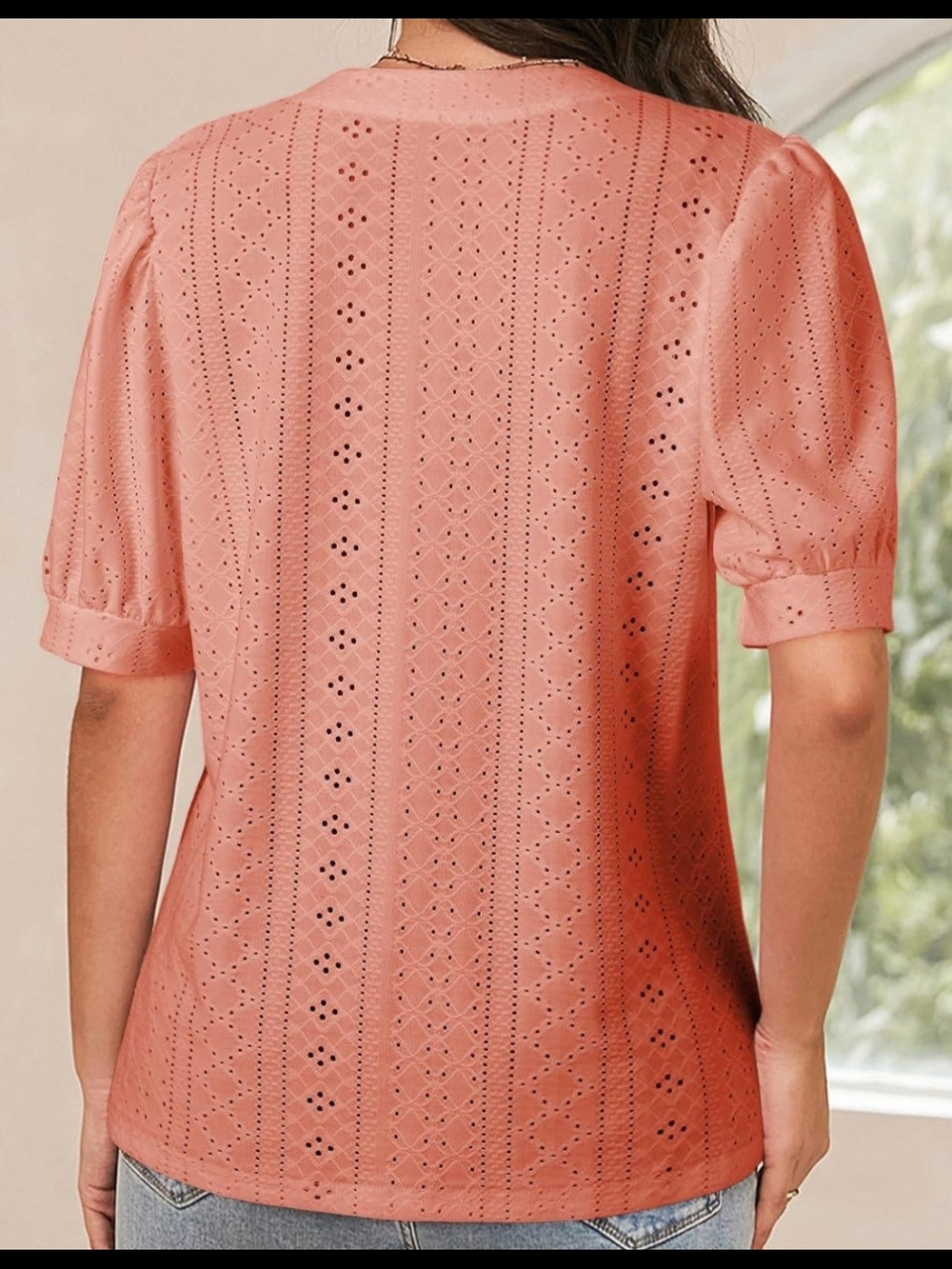 Women's Eyelet Puff Sleeve Top - Coral - Picture 3 of 6
